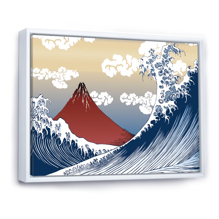 Vintage Traditional Japanese Wave And Mountain Framed On Canvas Painting